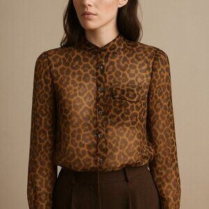 BCBGMaxAzria 100% Silk Anderson Leopard Print Semi Sheer Blouse Sz XS
